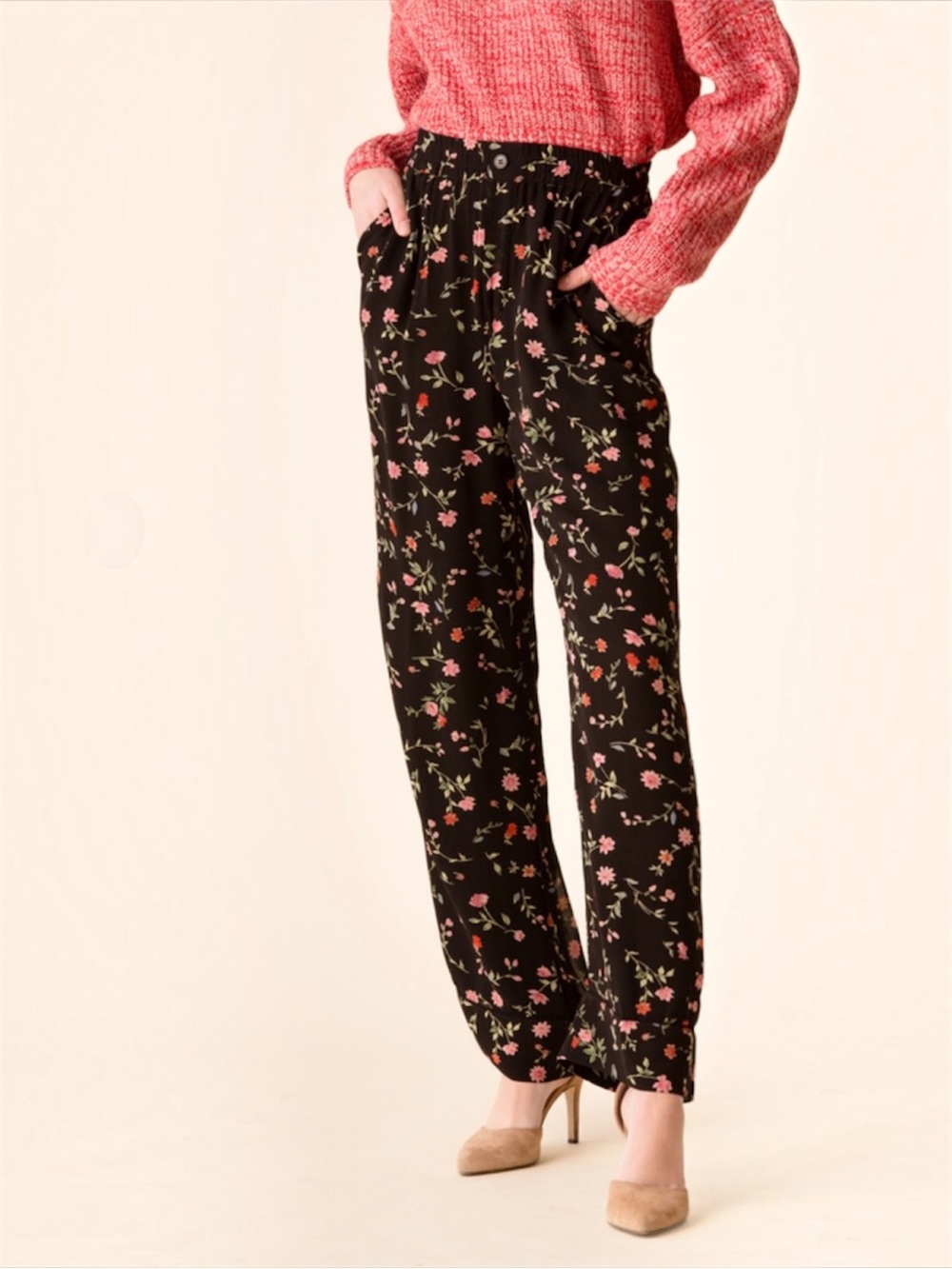 Ganni Crepe Floral Trousers Elm Georgette Pant High Rise Pockets Size XS/34
